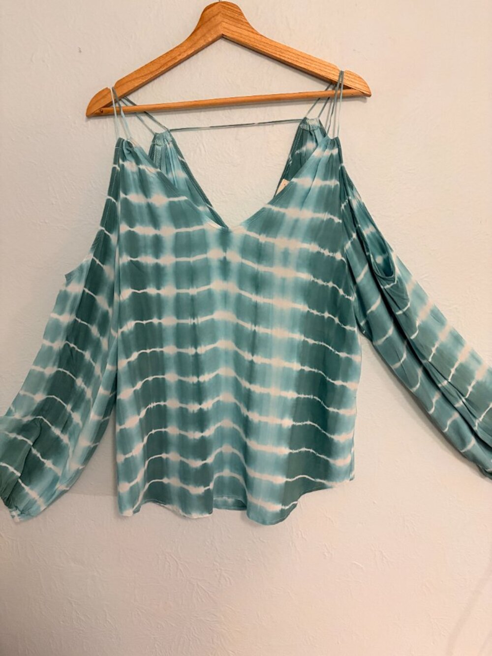 Lovestitch Womens Tie Dye Cold Shoulder Blouse Large Blue White Boho Top
